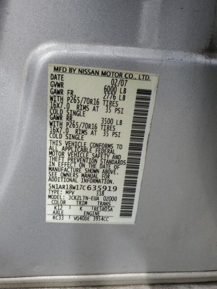 2001 Nissan Pathfinder Le VIN: 5N1AR18W17C635919 Lot: 71342225