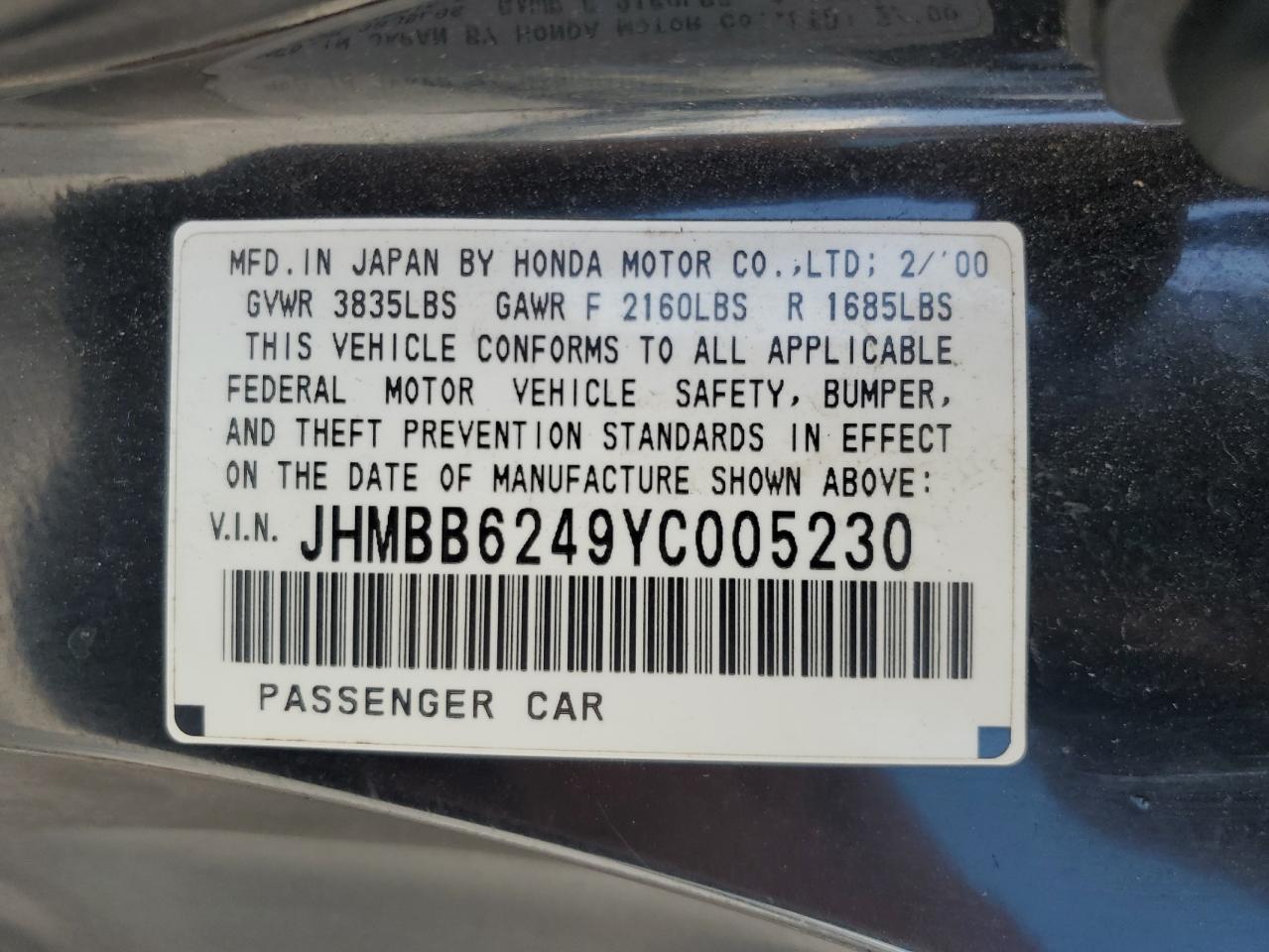 2000 Honda Prelude VIN: JHMBB6249YC005230 Lot: 72043065