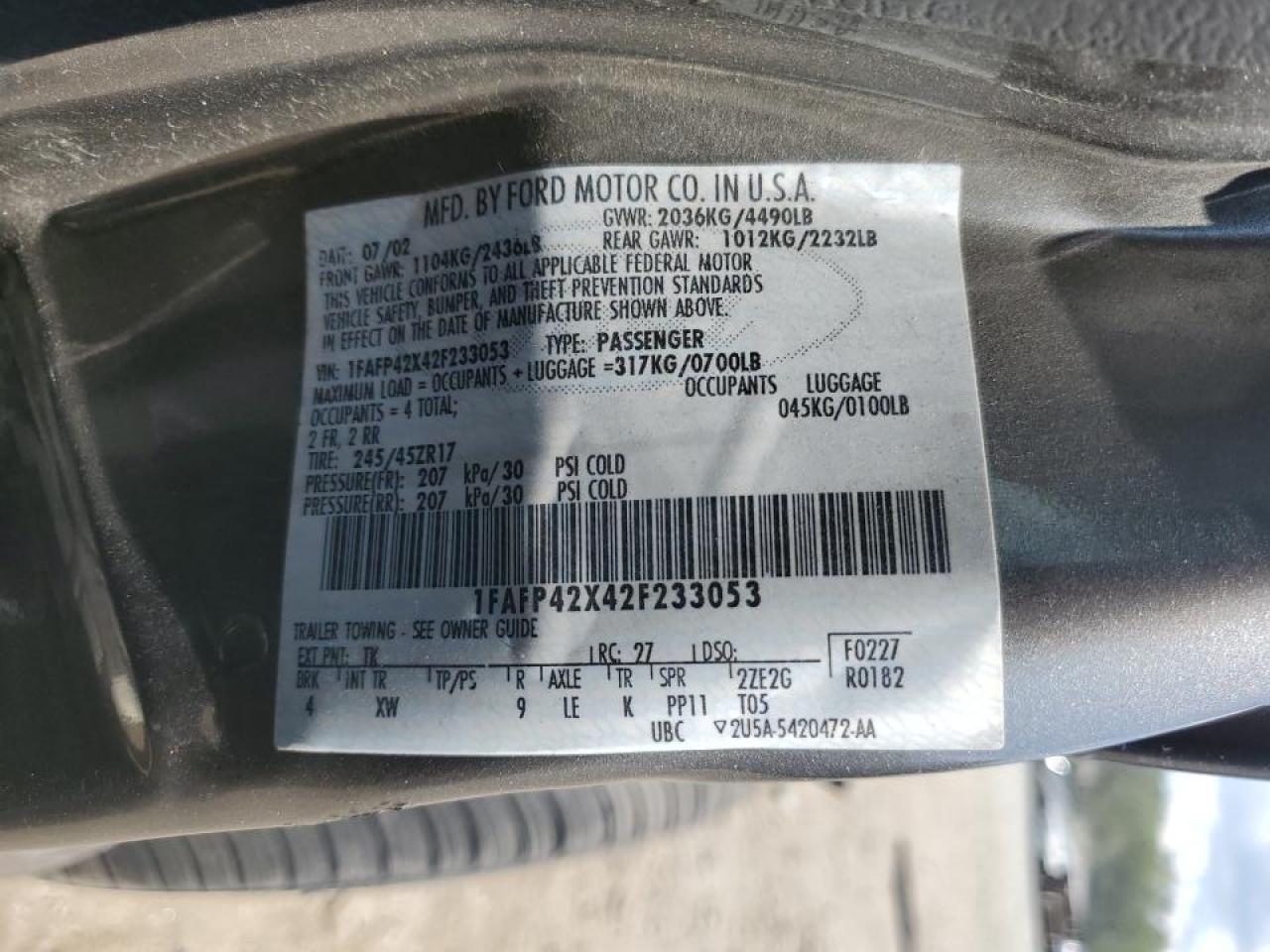 2002 Ford Mustang Gt VIN: 1FAFP42X42F233053 Lot: 70758085