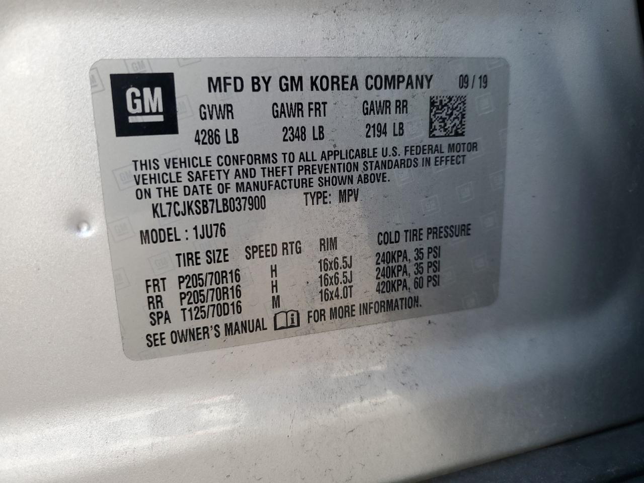 2020 Chevrolet Trax Ls VIN: KL7CJKSB7LB037900 Lot: 84383305