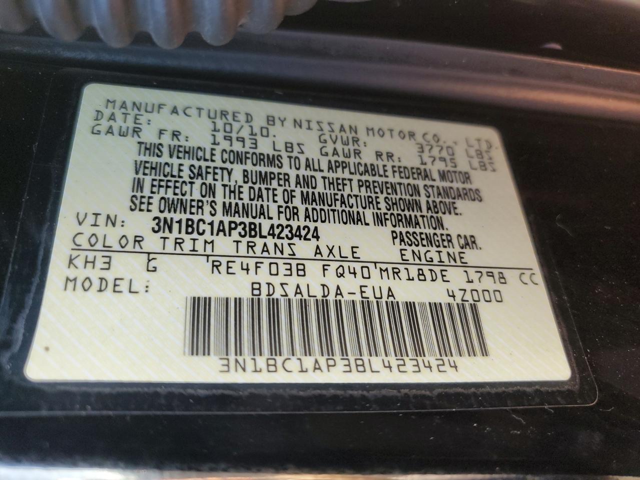 2011 Nissan Versa S VIN: 3N1BC1AP3BL423424 Lot: 83857915