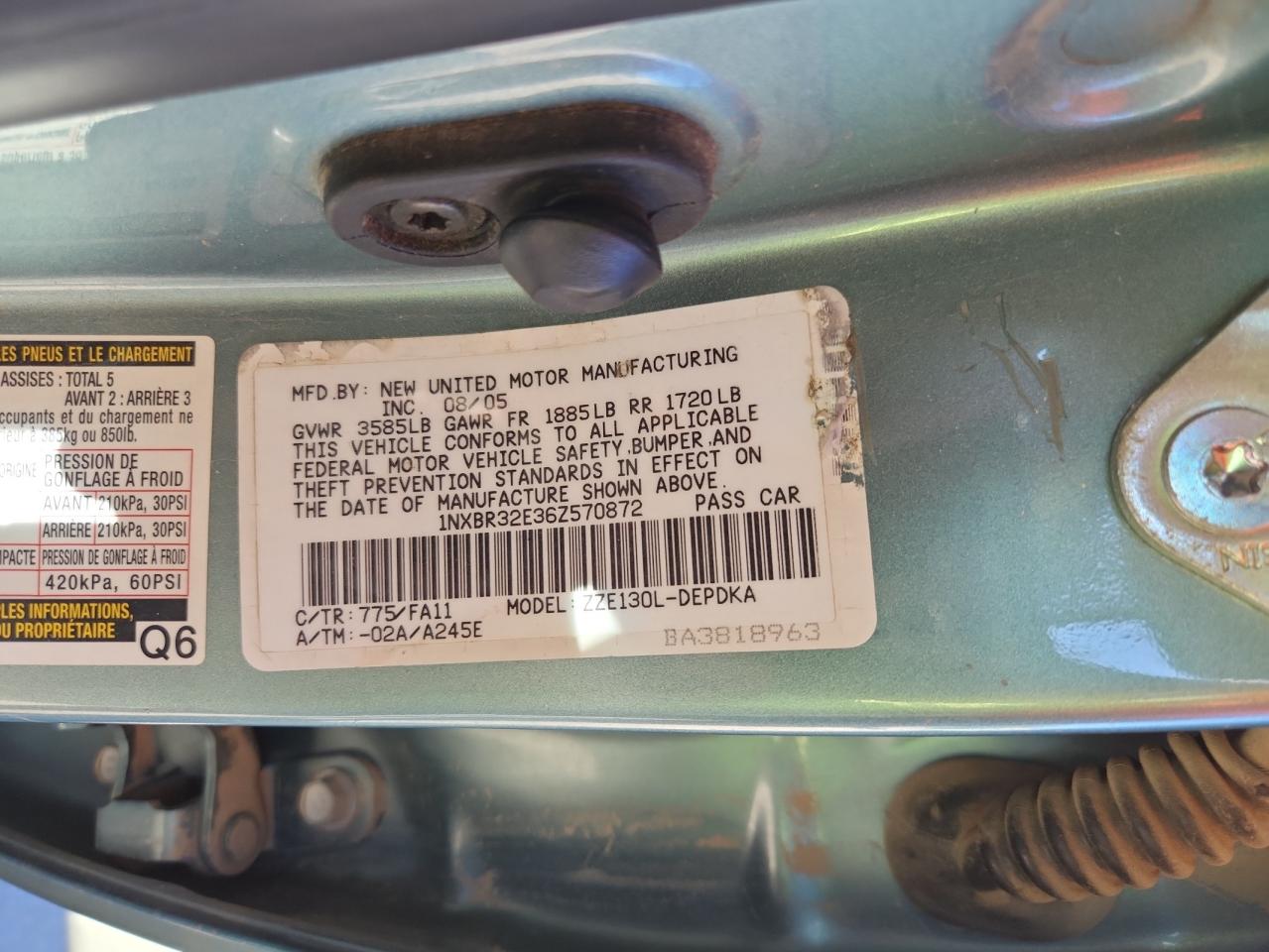 2006 Toyota Corolla Ce VIN: 1NXBR32E36Z570872 Lot: 84258225