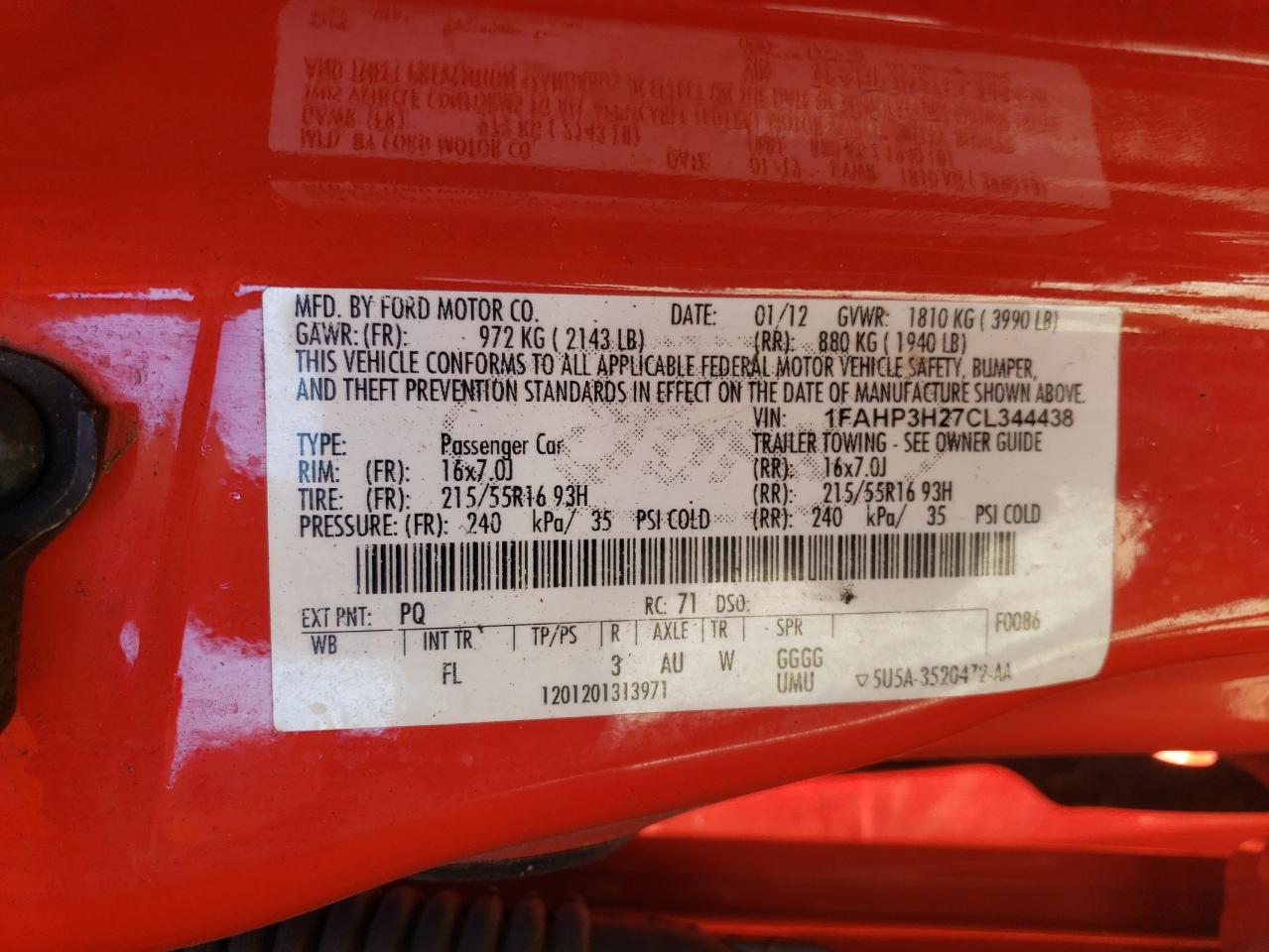 2012 Ford Focus Sel VIN: 1FAHP3H27CL344438 Lot: 80830295