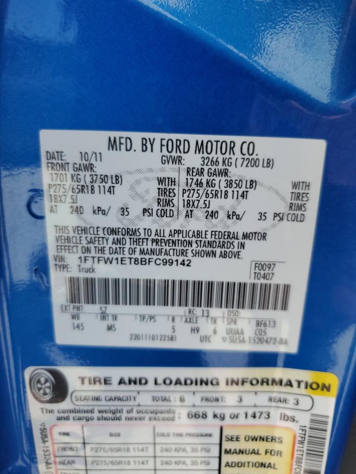2011 Ford F150 Supercrew VIN: 1FTFW1ET8BFC99142 Lot: 81110375