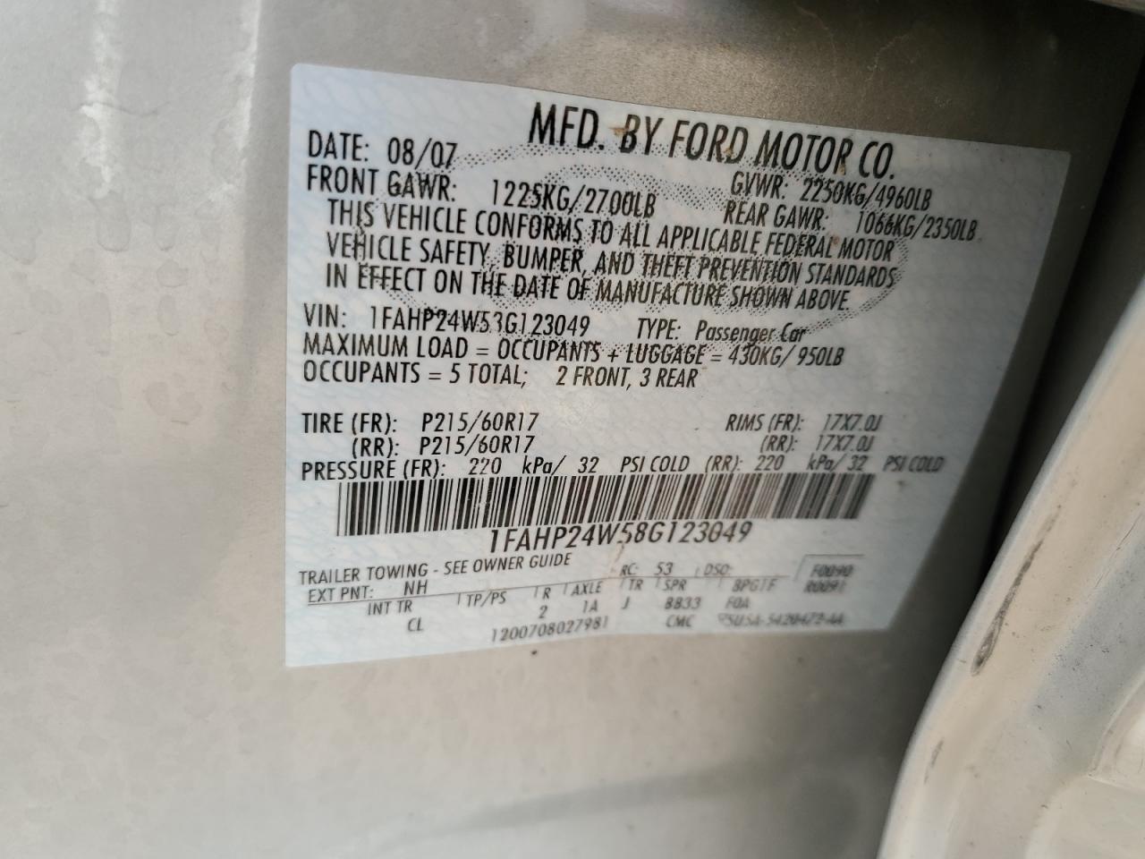 2008 Ford Taurus Sel VIN: 1FAHP24W58G123049 Lot: 81828855