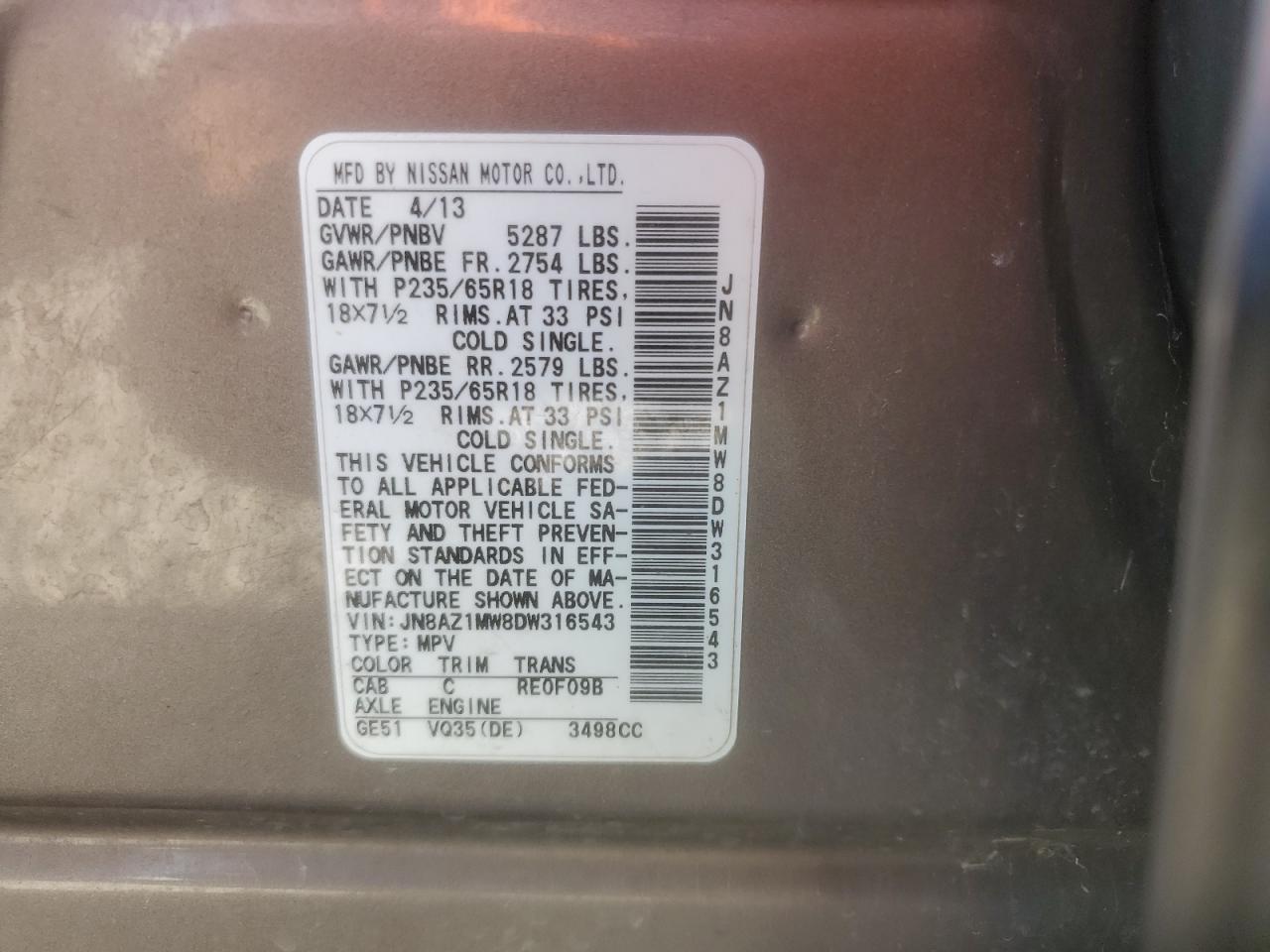 2013 Nissan Murano S VIN: JN8AZ1MW8DW316543 Lot: 80570855