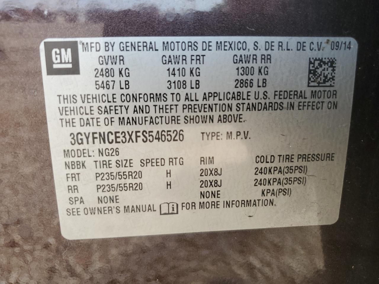 2015 Cadillac Srx Performance Collection VIN: 3GYFNCE3XFS546526 Lot: 71066895