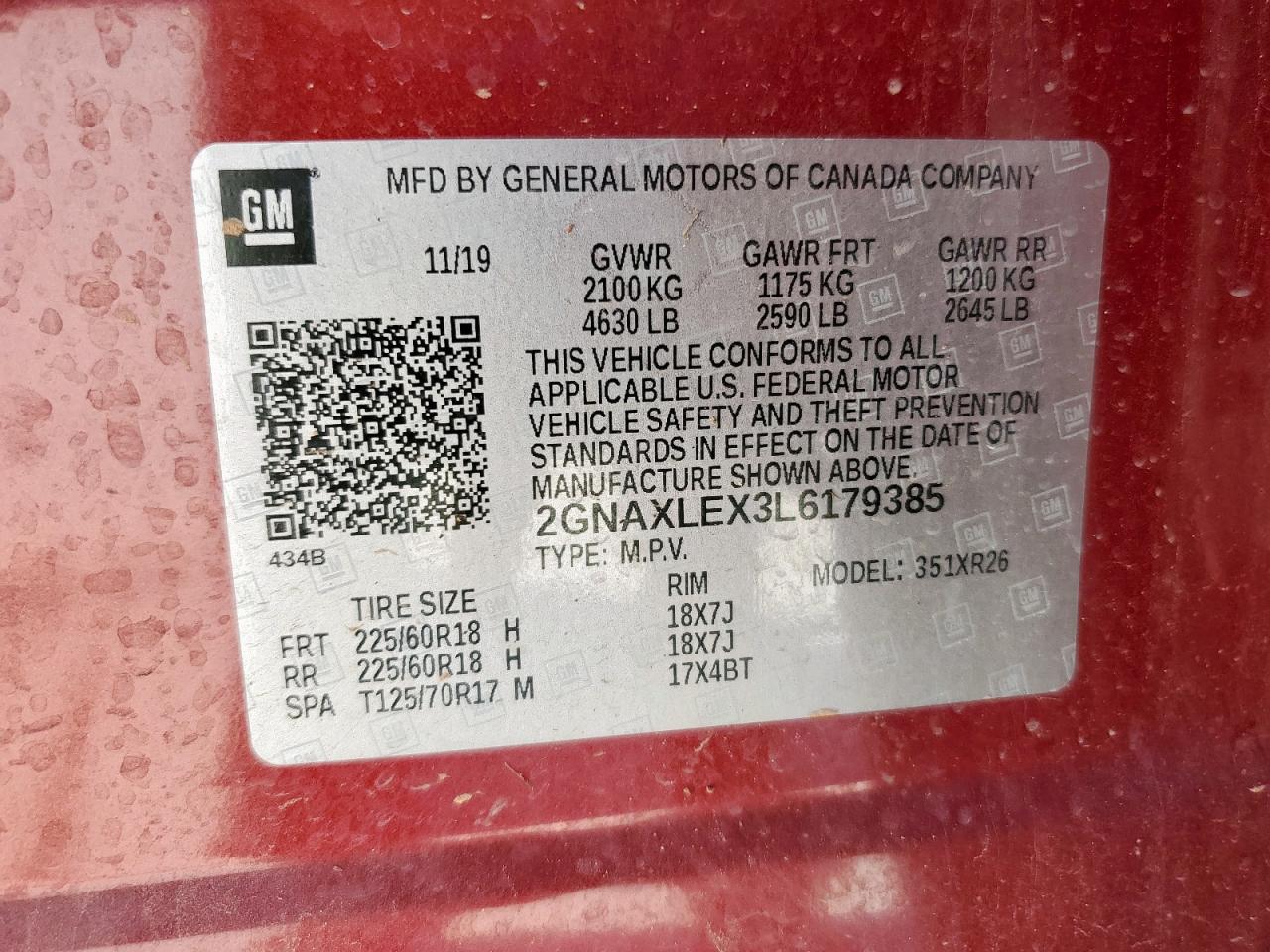 2020 Chevrolet Equinox Lt VIN: 2GNAXLEX3L6179385 Lot: 71430295