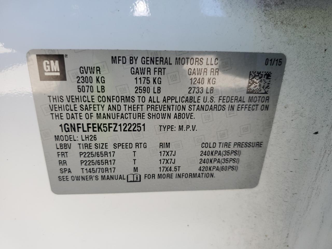 2015 Chevrolet Equinox Lt VIN: 1GNFLFEK5FZ122251 Lot: 72076135