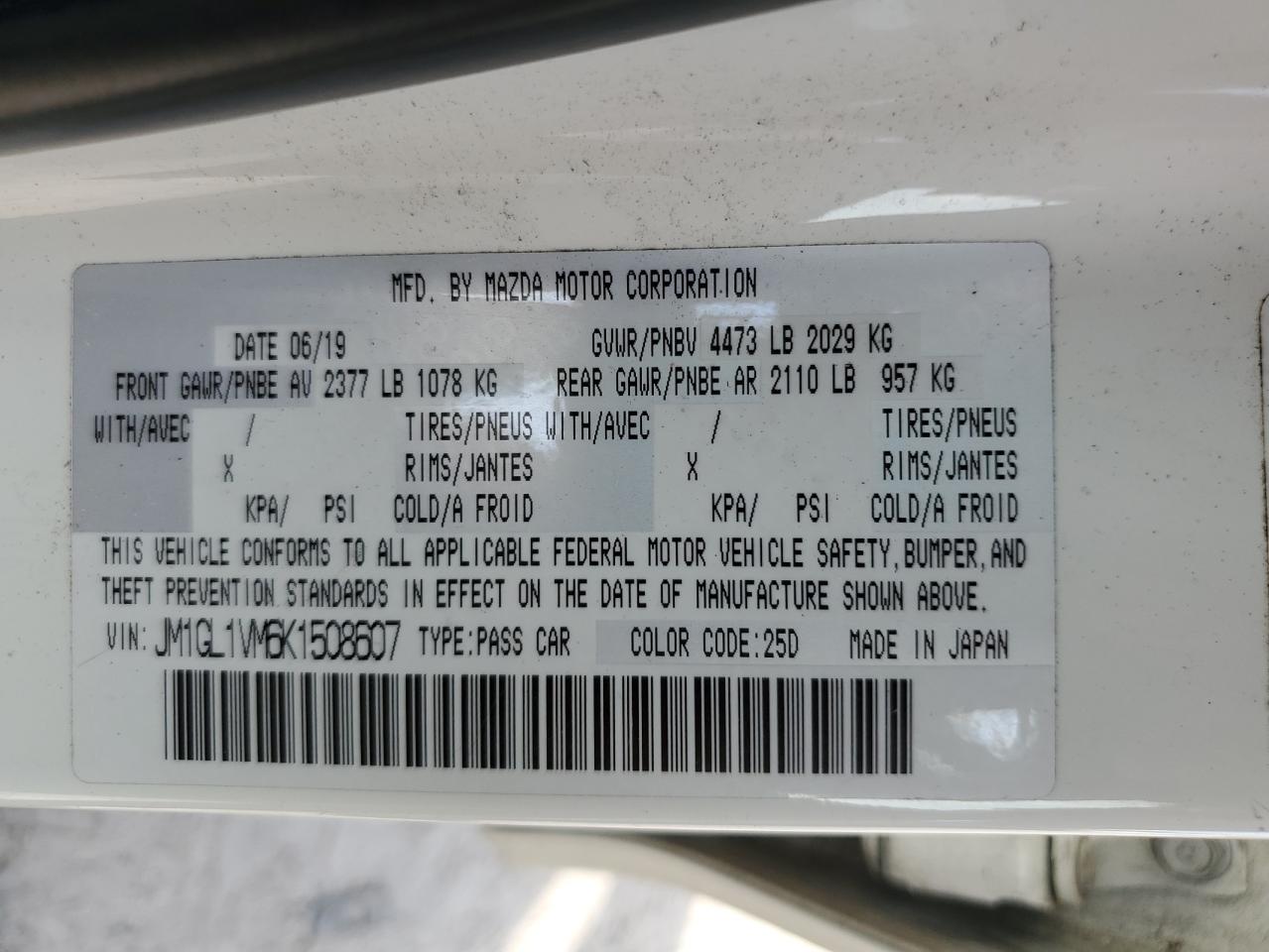 2019 Mazda 6 Touring VIN: JM1GL1VM6K1508607 Lot: 81480375