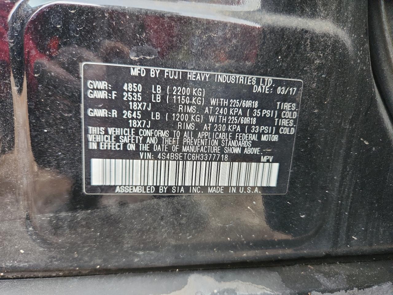 2017 Subaru Outback Touring VIN: 4S4BSETC6H3377718 Lot: 82125195