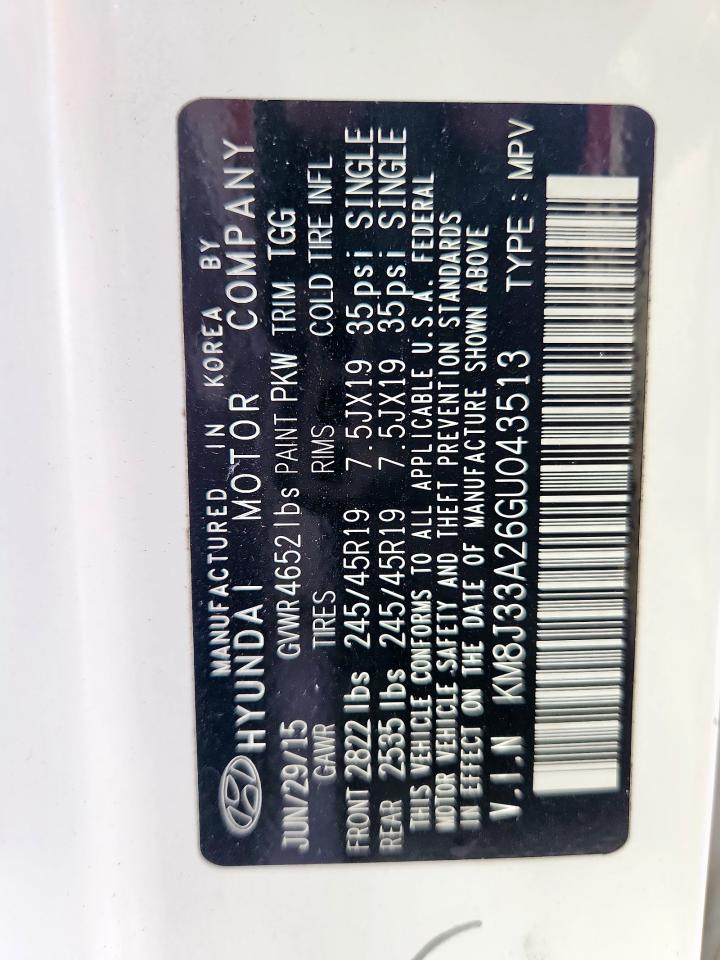 2016 Hyundai Tucson Limited VIN: KM8J33A26GU043513 Lot: 84582175