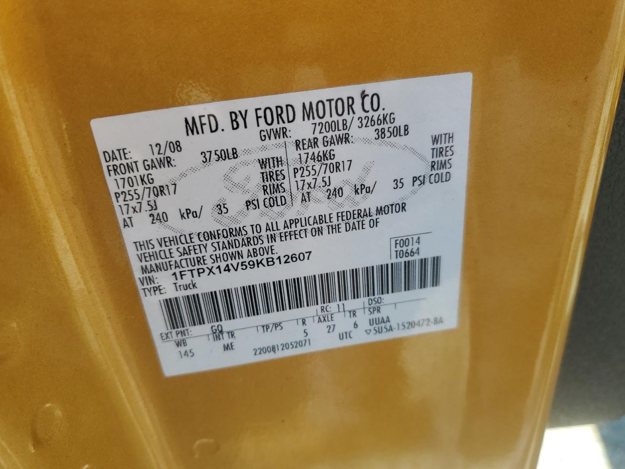 2009 Ford F150 Super Cab VIN: 1FTPX14V59KB12607 Lot: 80800825