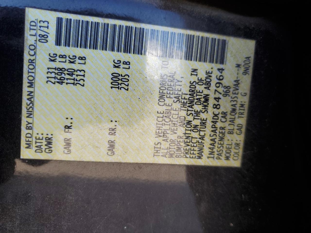 2013 Nissan Maxima S VIN: 1N4AA5AP4DC847964 Lot: 81263935