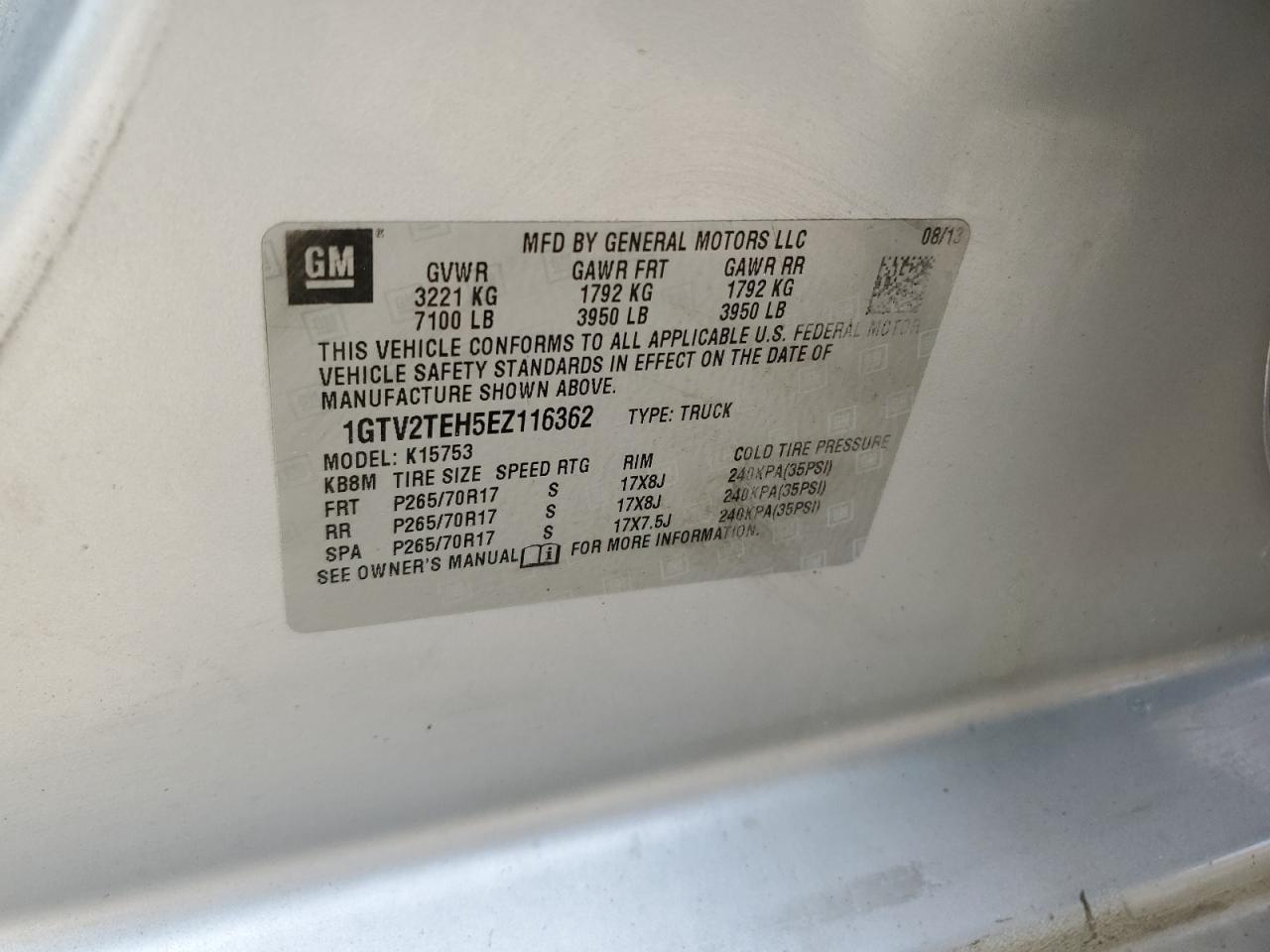 2014 GMC Sierra K1500 VIN: 1GTV2TEH5EZ116362 Lot: 84869075