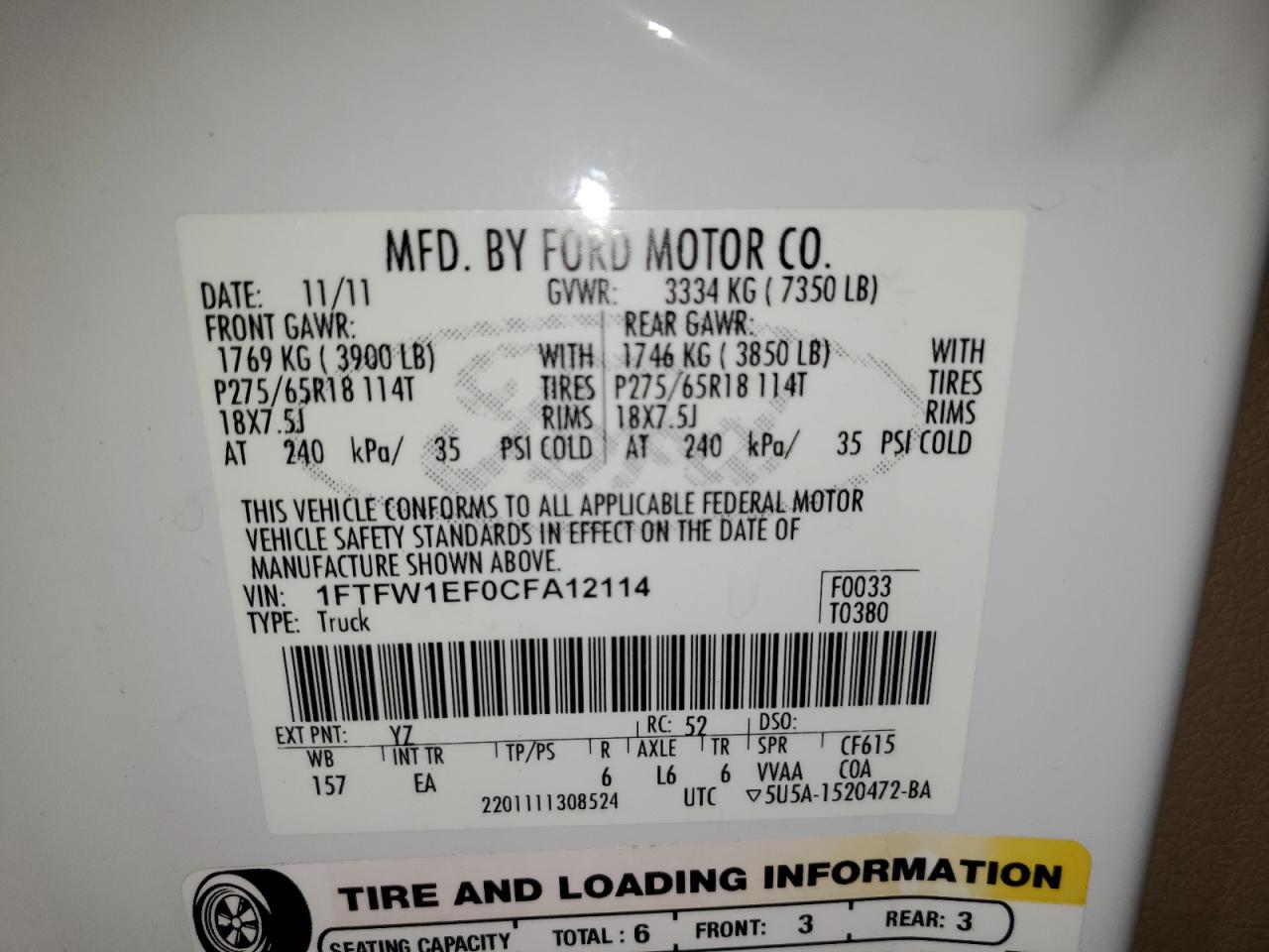 2012 Ford F150 Supercrew VIN: 1FTFW1EF0CFA12114 Lot: 71999995