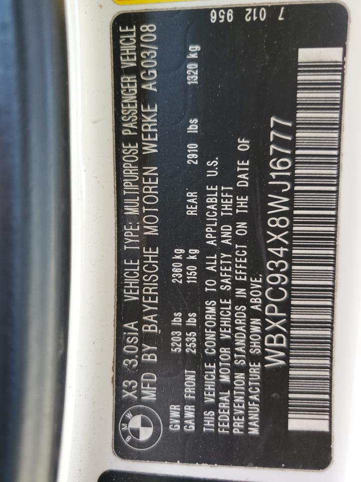 2008 BMW X3 3.0Si VIN: WBXPC934X8WJ16777 Lot: 84558395