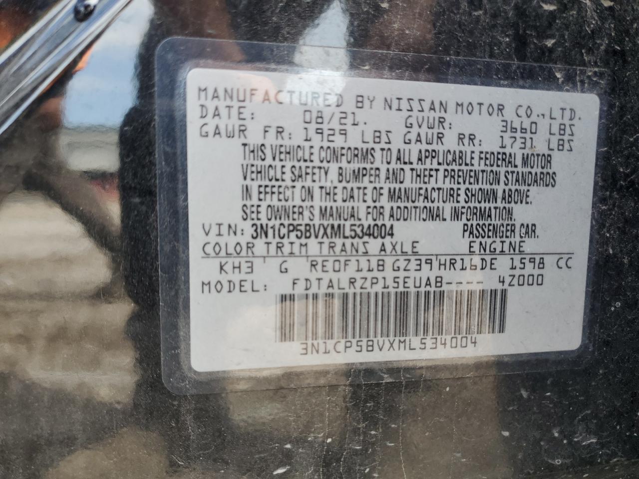 2021 Nissan Kicks S VIN: 3N1CP5BVXML534004 Lot: 81711525