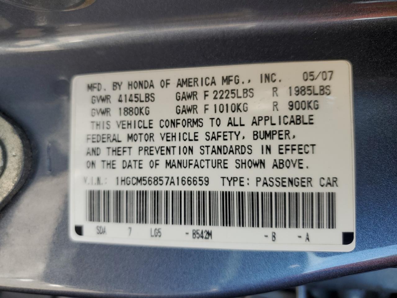 2007 Honda Accord Ex VIN: 1HGCM56857A166659 Lot: 72093065