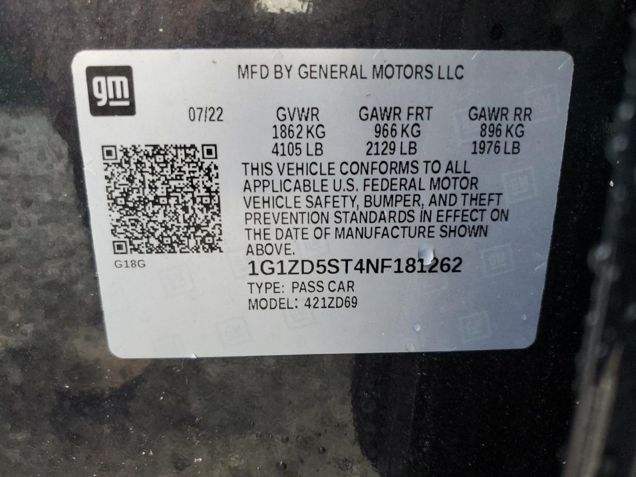 2022 Chevrolet Malibu Lt VIN: 1G1ZD5ST4NF181262 Lot: 71031925