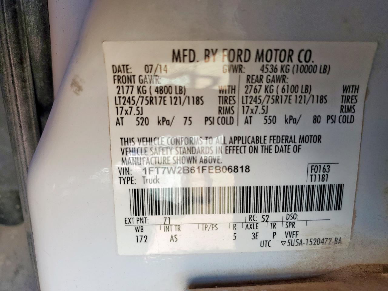 2015 Ford F250 Super Duty VIN: 1FT7W2B61FEB06818 Lot: 84222445