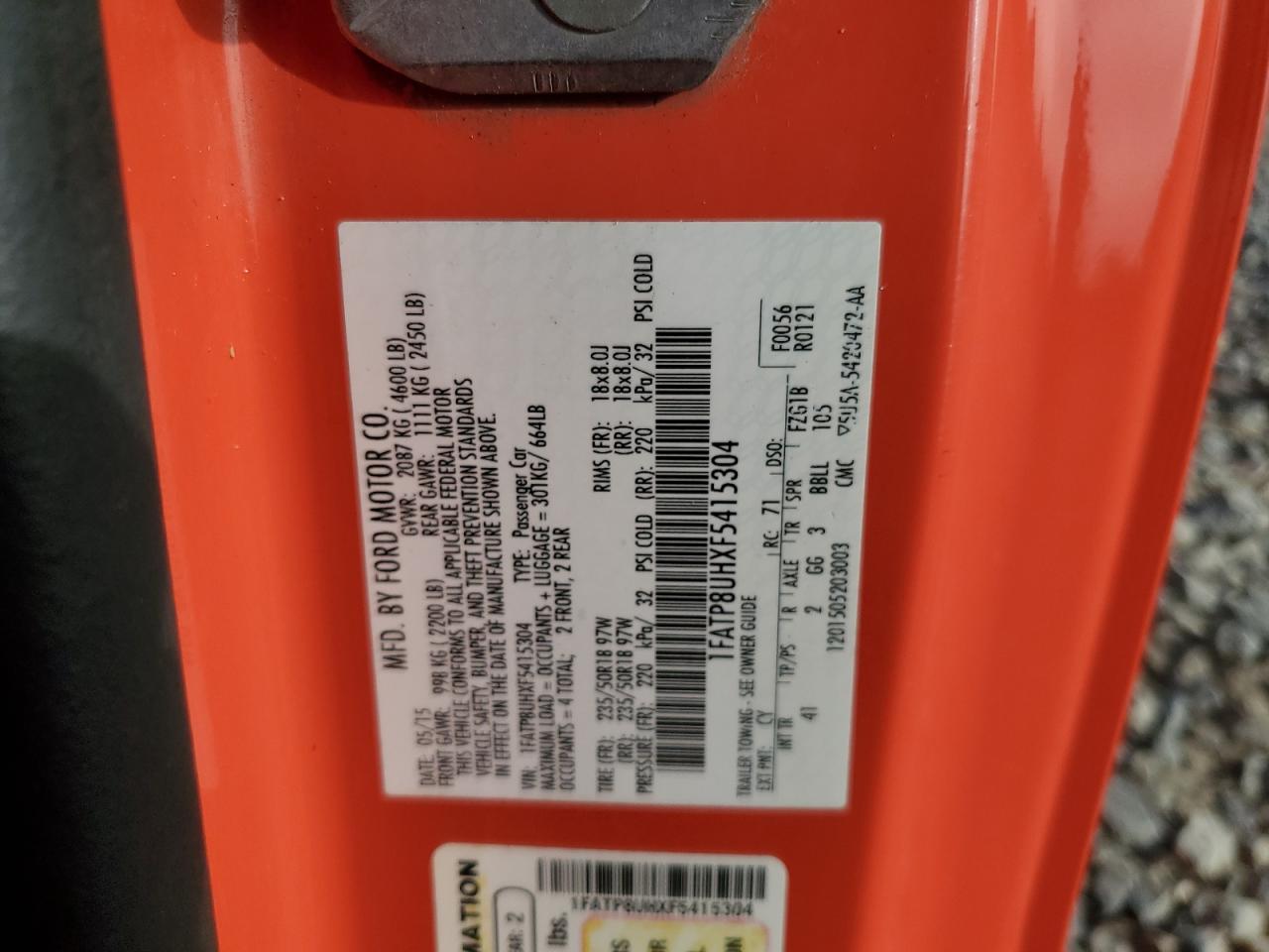 2015 Ford Mustang VIN: 1FATP8UHXF5415304 Lot: 82066015