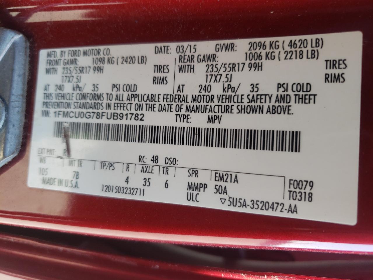 2015 Ford Escape Se VIN: 1FMCU0G78FUB91782 Lot: 71828265