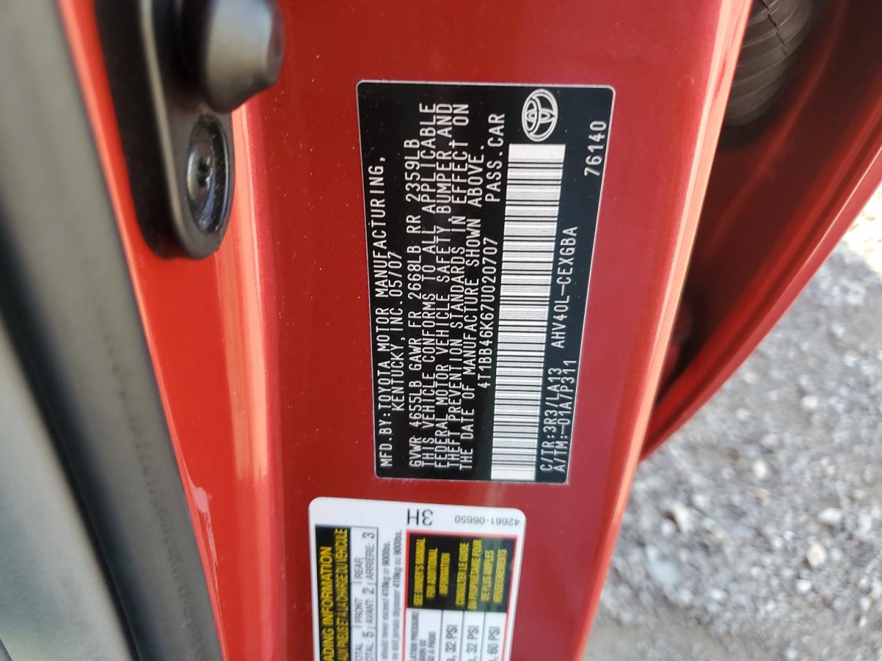 2007 Toyota Camry Hybrid VIN: 4T1BB46K67U020707 Lot: 81834795