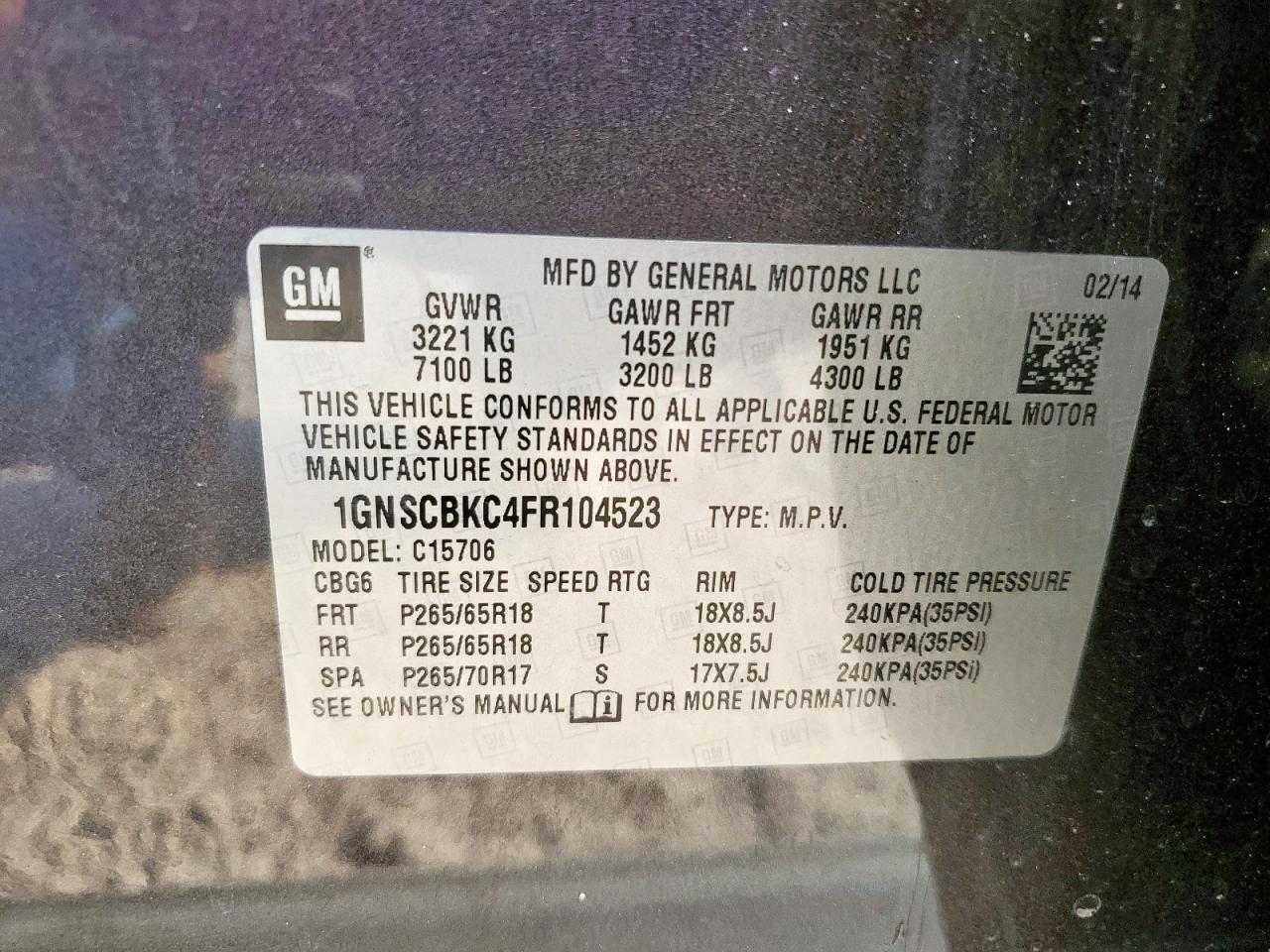 2015 Chevrolet Tahoe C1500 Lt VIN: 1GNSCBKC4FR104523 Lot: 81138275