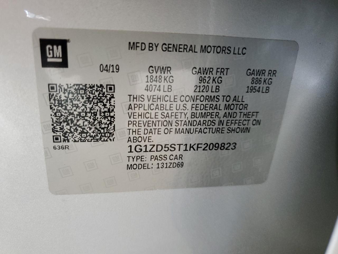 2019 Chevrolet Malibu Lt VIN: 1G1ZD5ST1KF209823 Lot: 80720235