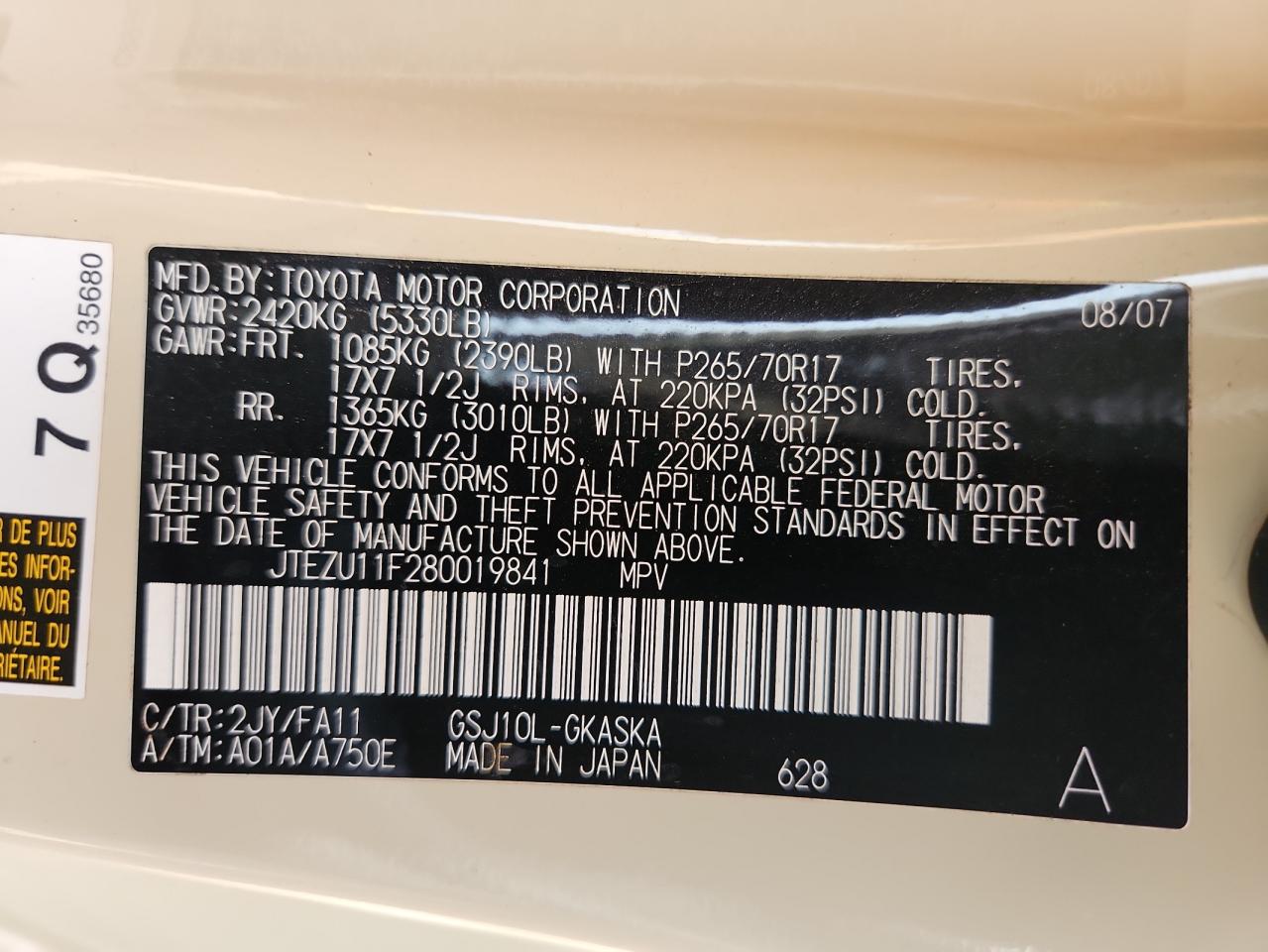 2008 Toyota Fj Cruiser VIN: JTEZU11F280019841 Lot: 71786135