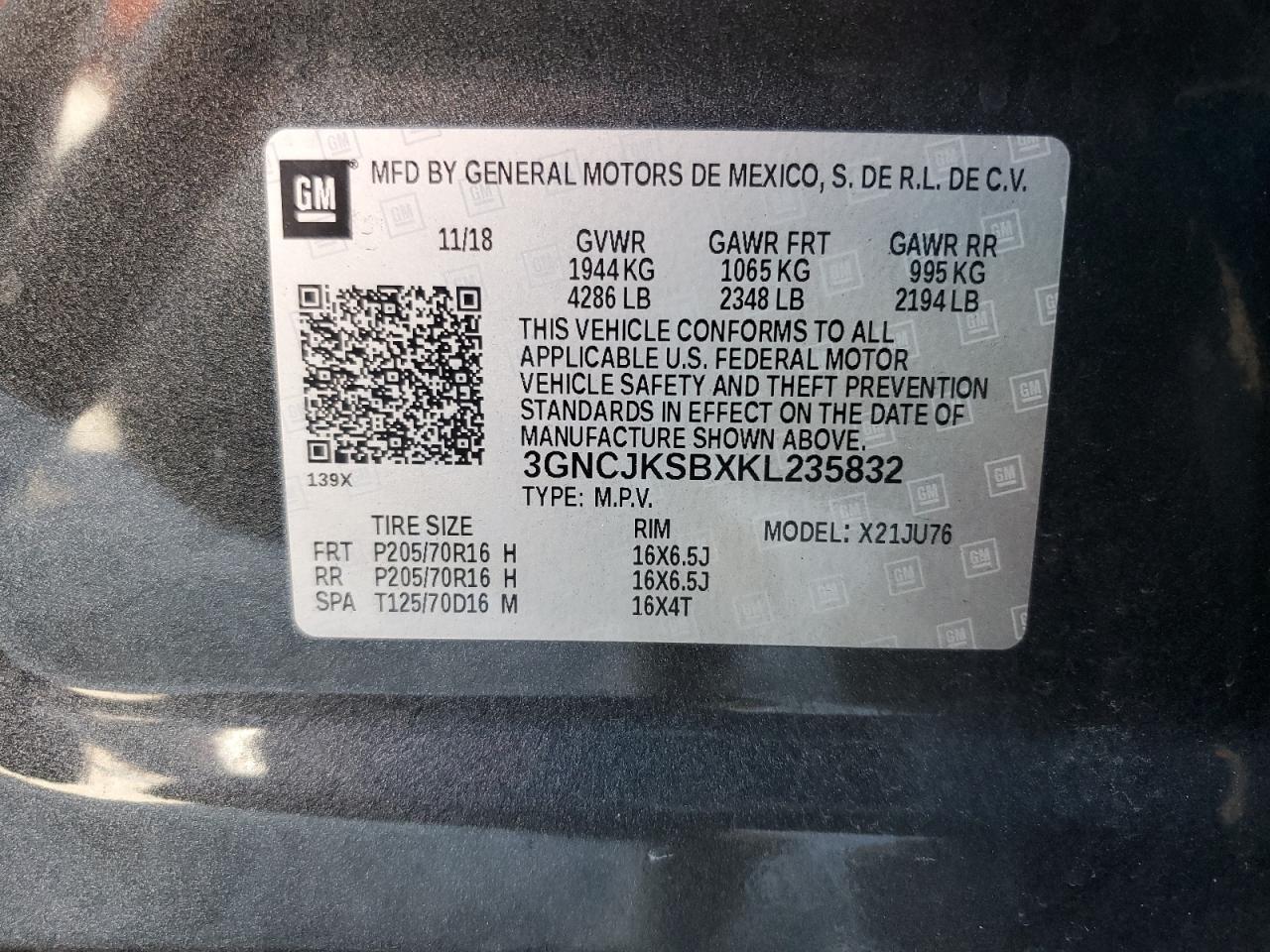 2019 Chevrolet Trax Ls VIN: 3GNCJKSBXKL235832 Lot: 71372565