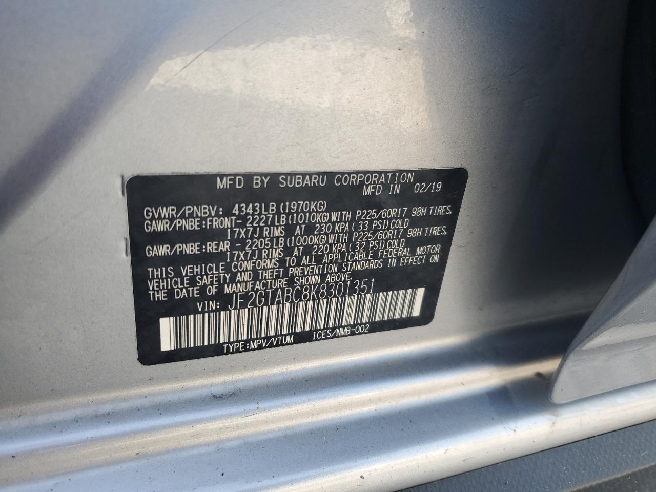 2019 Subaru Crosstrek VIN: JF2GTABC8K8301351 Lot: 80826895