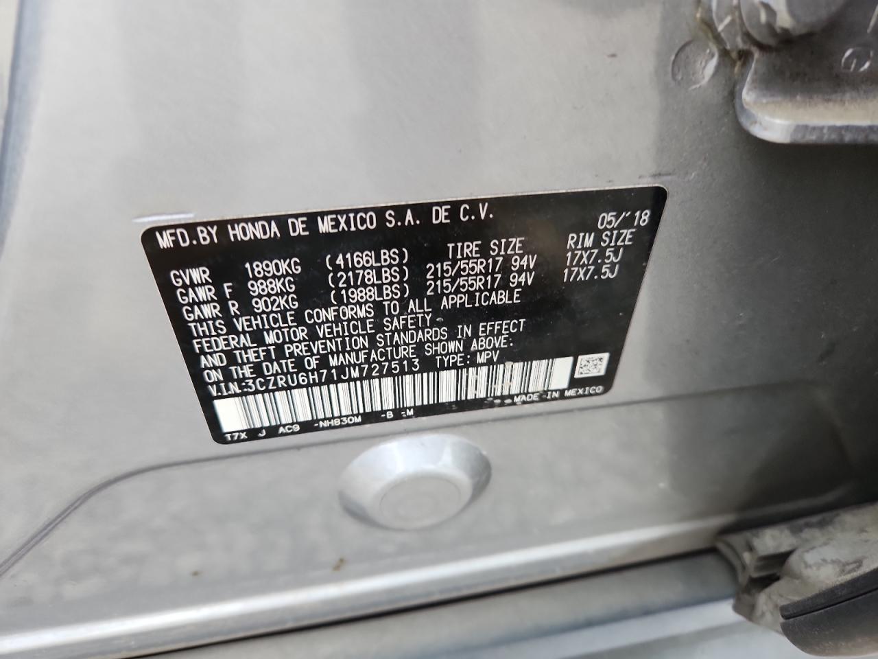 2018 Honda Hr-V Exl VIN: 3CZRU6H71JM727513 Lot: 80291515