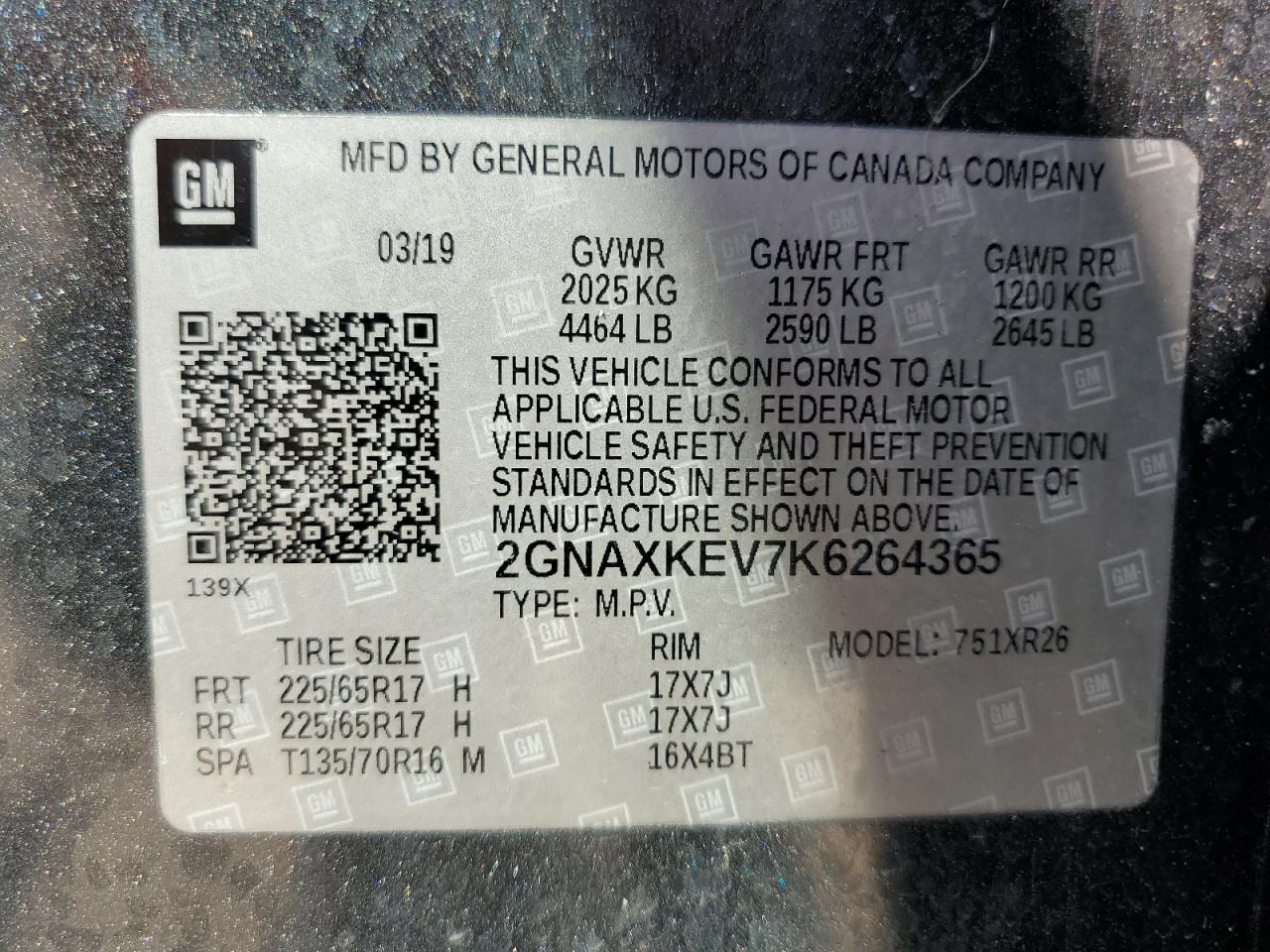 2019 Chevrolet Equinox Lt VIN: 2GNAXKEV7K6264365 Lot: 81150055