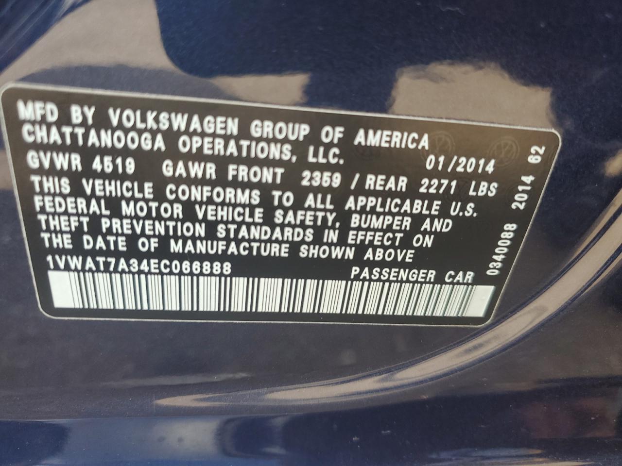 2014 Volkswagen Passat S VIN: 1VWAT7A34EC066888 Lot: 82131885