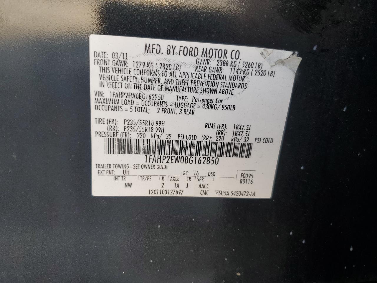 2011 Ford Taurus Sel VIN: 1FAHP2EW0BG162850 Lot: 83809445