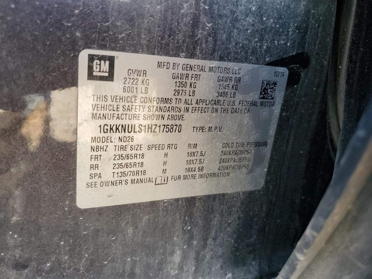 2017 GMC Acadia Slt-1 VIN: 1GKKNULS1HZ175870 Lot: 71824195