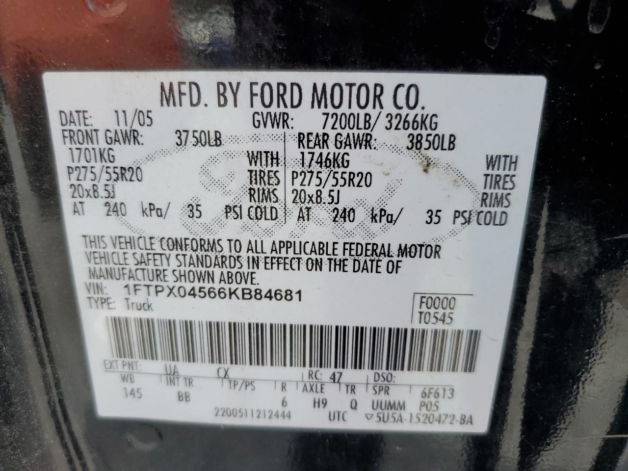 2006 Ford F150 VIN: 1FTPX04566KB84681 Lot: 71077915