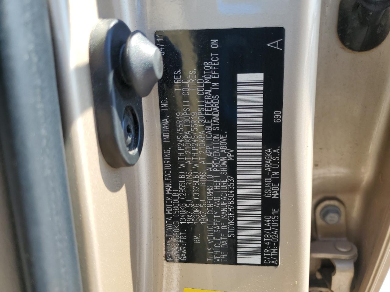 2011 Toyota Highlander Limited VIN: 5TDYK3EH7BS043537 Lot: 83856055