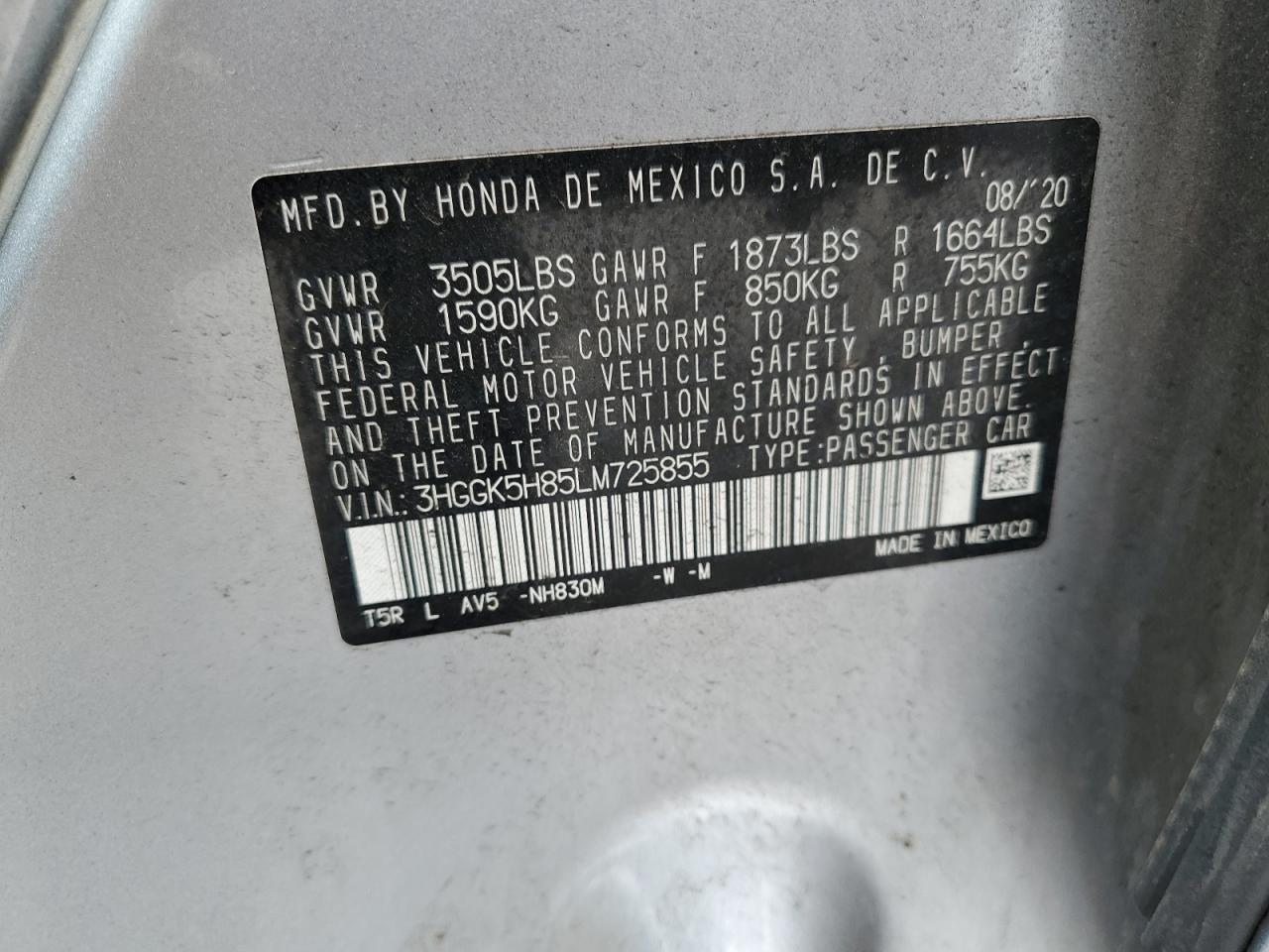 2020 Honda Fit Ex VIN: 3HGGK5H85LM725855 Lot: 82108905