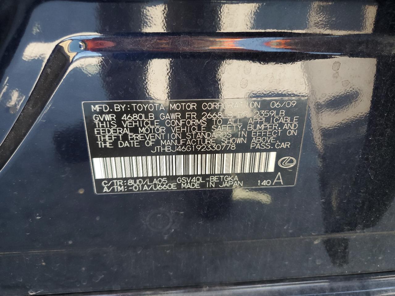 2009 Lexus Es 350 VIN: JTHBJ46G192330778 Lot: 84231295