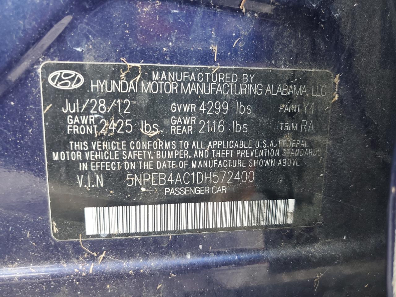 2013 Hyundai Sonata Gls VIN: 5NPEB4AC1DH572400 Lot: 71428675