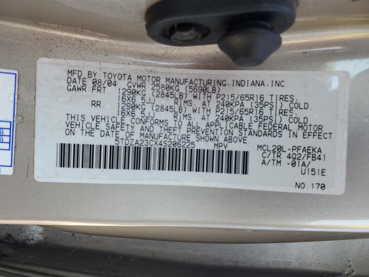 2004 Toyota Sienna Ce VIN: 5TDZA23CX4S206225 Lot: 81113025