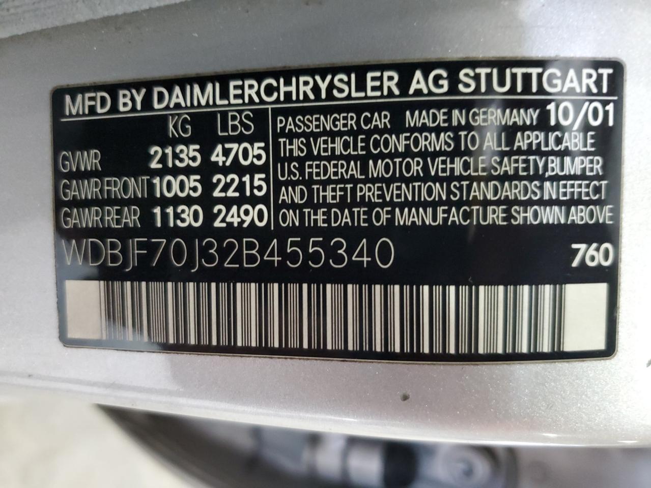 2002 Mercedes-Benz E 430 VIN: WDBJF70J32B455340 Lot: 84557565