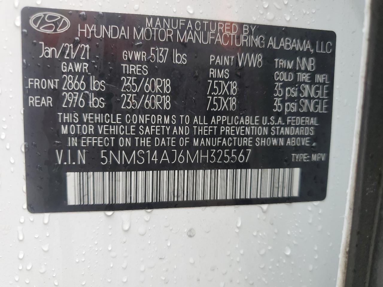 2021 Hyundai Santa Fe Se VIN: 5NMS14AJ6MH325567 Lot: 71176765