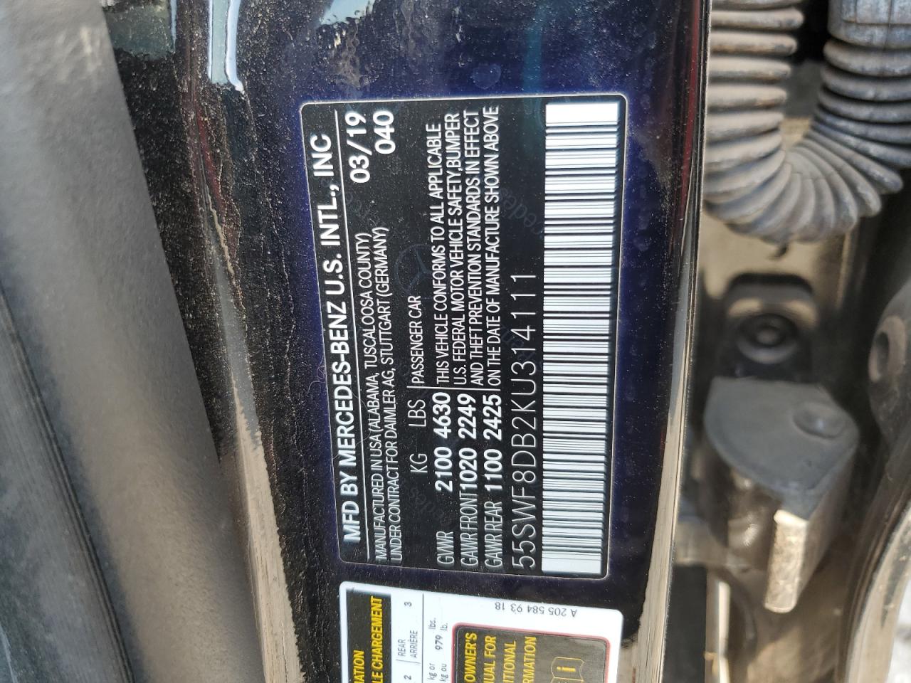 2019 Mercedes-Benz C 300 VIN: 55SWF8DB2KU314111 Lot: 80731835