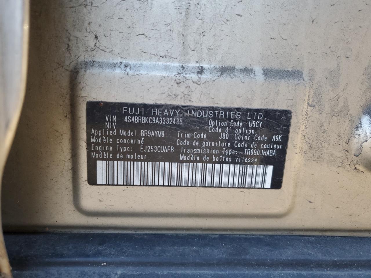 2010 Subaru Outback 2.5I Limited VIN: 4S4BRBKC9A3332435 Lot: 81330955