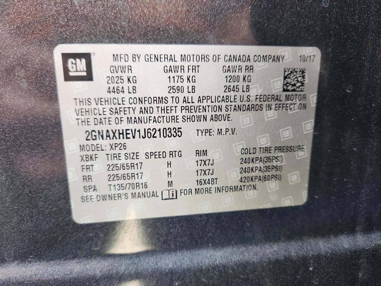 2018 Chevrolet Equinox Ls VIN: 2GNAXHEV1J6210335 Lot: 71542805
