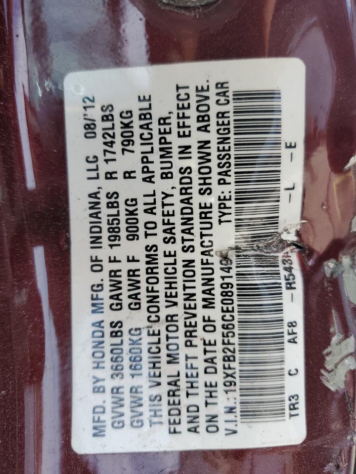 2012 Honda Civic Lx VIN: 19XFB2F56CE089149 Lot: 71308365